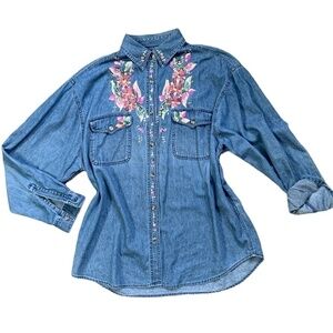LASHA Button Up Shirt Western Blue Denim Handpainted Collar XL #57C